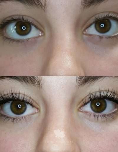 Before and after comparison of classic lash extensions.