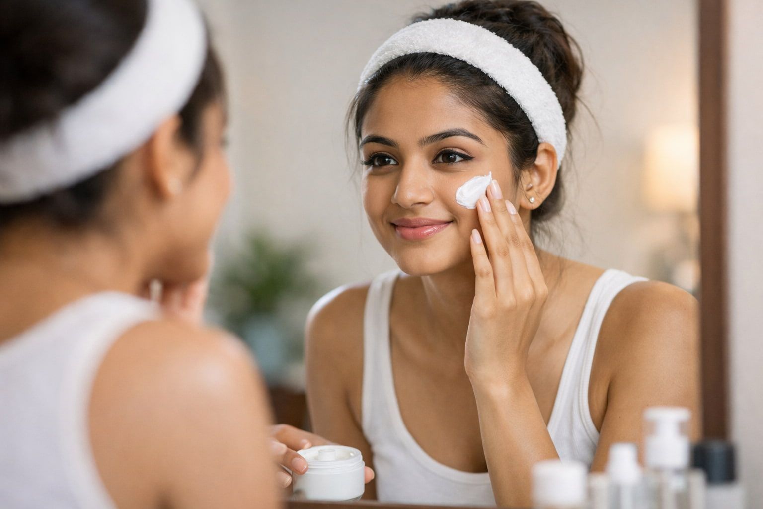 woman applying face cream while looking in the mirror during daily skincare routine designed during a facial Winnipeg appointment