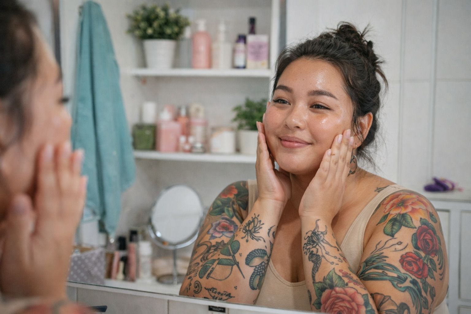 Woman with tattoos admiring her glowing skin in a bathroom mirror, illustrating results from a consistent skincare routine