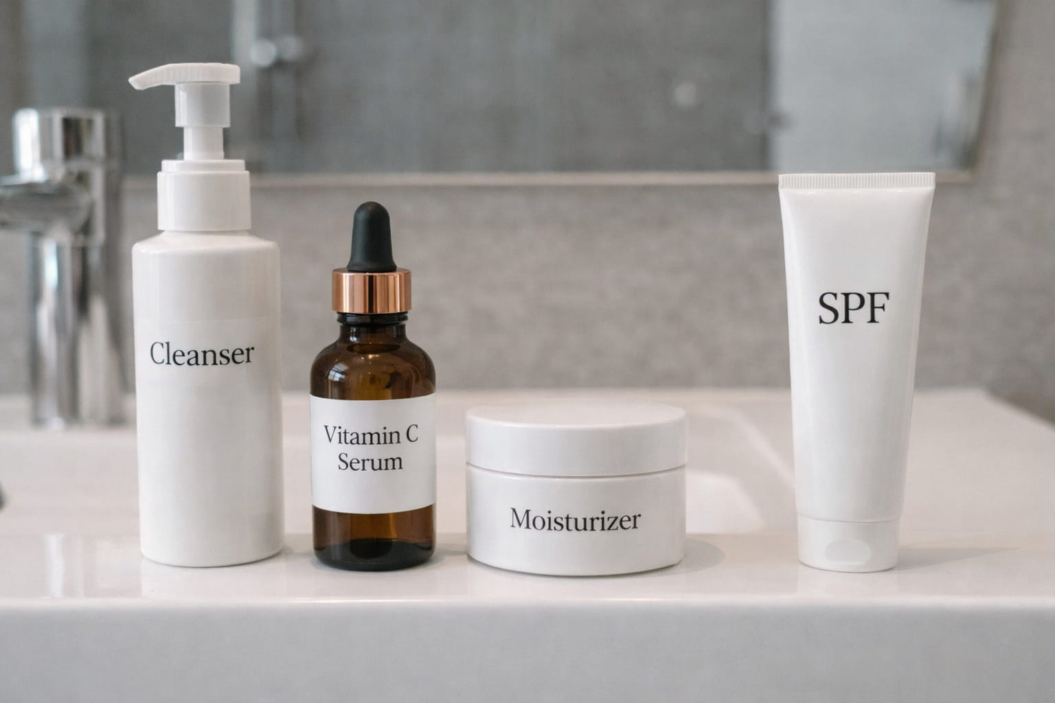 Skincare routine lineup on a bathroom sink with cleanser, vitamin c serum, moisturizer, and SPF arranged in order of daily use