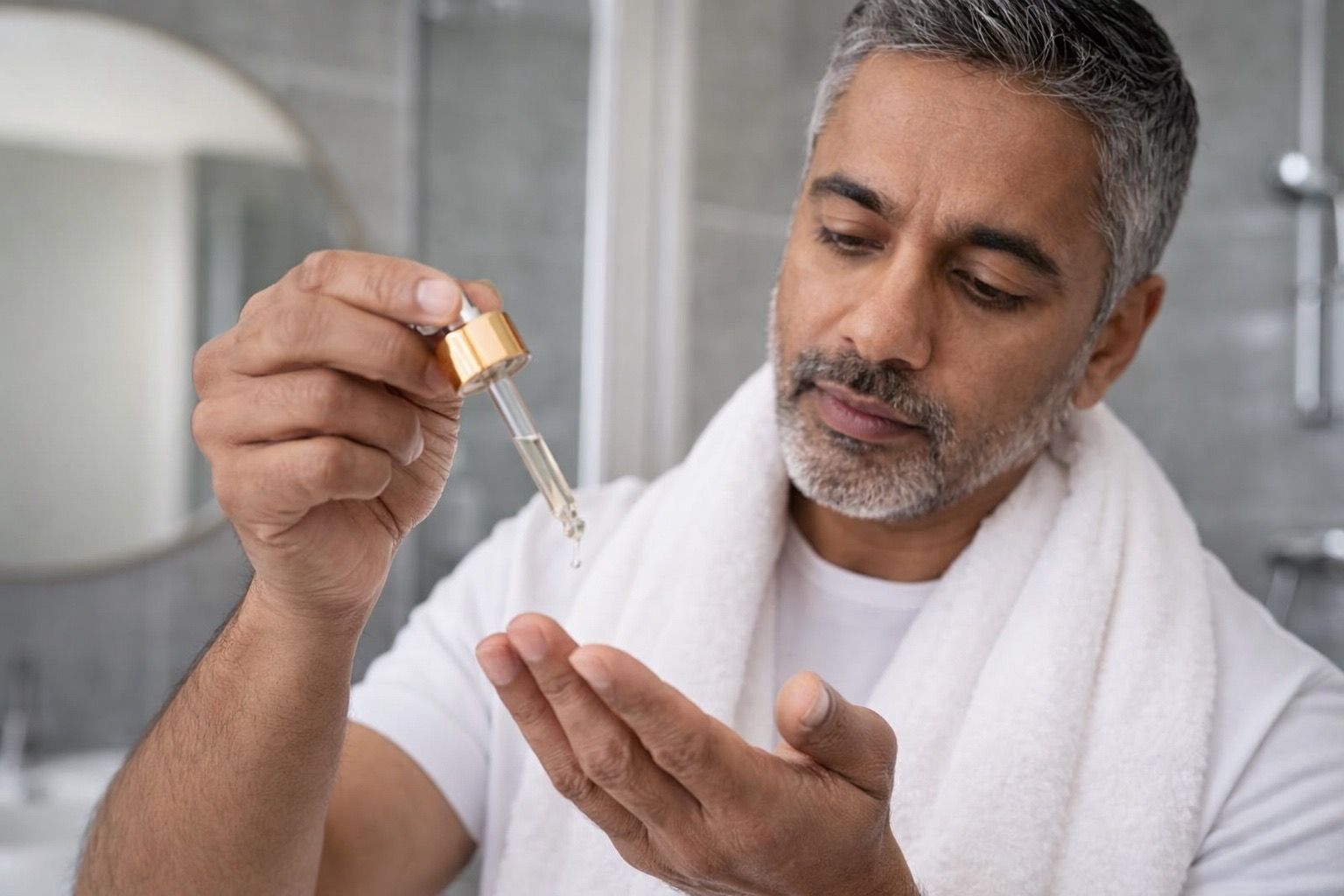 Middle-aged man applying vitamin c daily serum with a dropper in a modern bathroom as part of a skincare routine