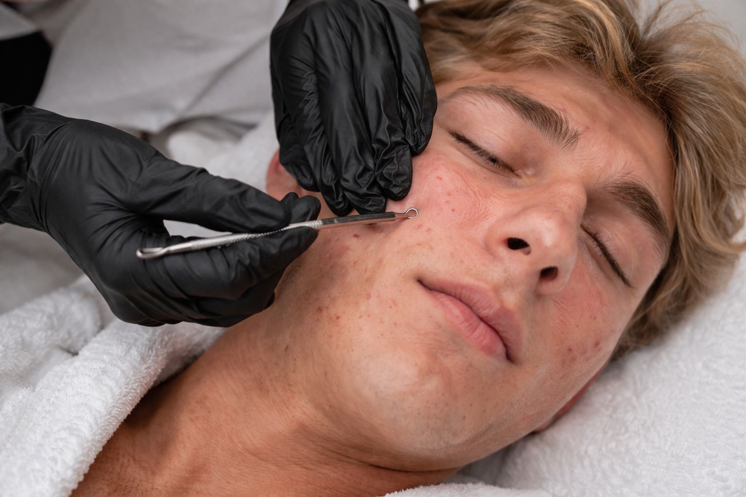 Client receiving a professional facial with gentle extractions, as an esthetician uses a tool while stabilizing the skin in a clinical spa setting