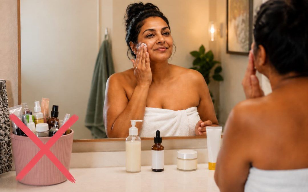 A softly lit bathroom scene shows a middle-aged person wrapped in a white towel standing at a vanity mirror while applying skincare to their cheek. Their dark hair is tied up in a loose bun, and they smile gently at their reflection. On the counter, four simple skincare products are neatly lined up, including a cleanser, serum, moisturizer, and SPF. Beside them sits a pink tabletop container overflowing with assorted skincare products, marked with a large pink X to symbolize cutting back on excessive routines. Warm lighting, soft neutral decor, a hanging towel, and a leafy plant create a calm, minimalist atmosphere.