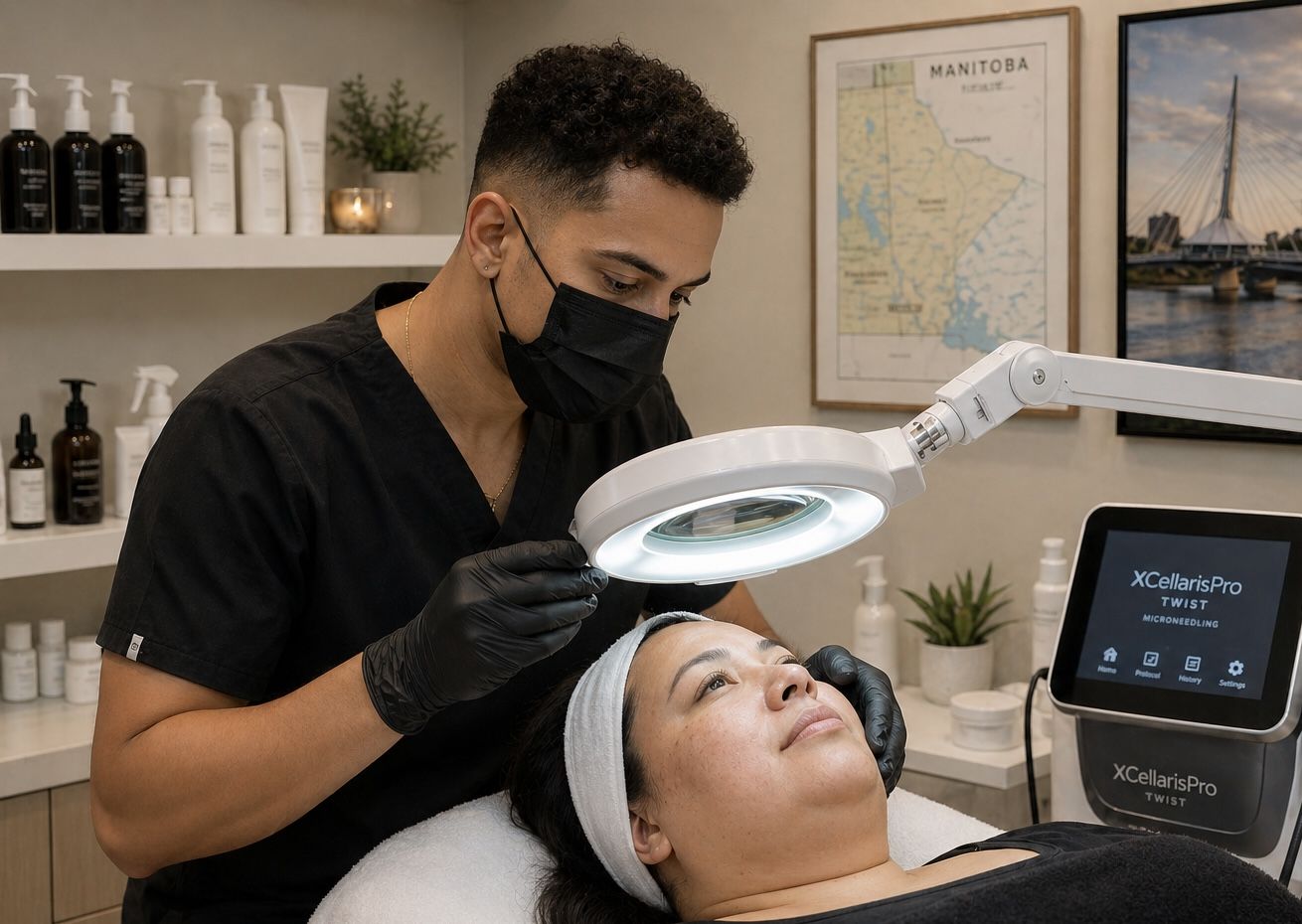 A Winnipeg skin specialist assesses a client’s skin in a modern spa treatment room. The client lies comfortably on a treatment bed wearing a soft headband, while the practitioner, dressed in dark clinical attire with gloves and a face mask, leans in to examine the skin using a bright magnifying lamp attached to an adjustable arm. To the side, a professional XCellarisPro Twist microneedling device with a digital display sits on a counter alongside neatly arranged skincare products and bottles. In the background, a framed map of Manitoba hangs on the wall next to a large photograph of a Winnipeg landmark, adding a local touch to the clean, minimal, and softly lit clinical environment.