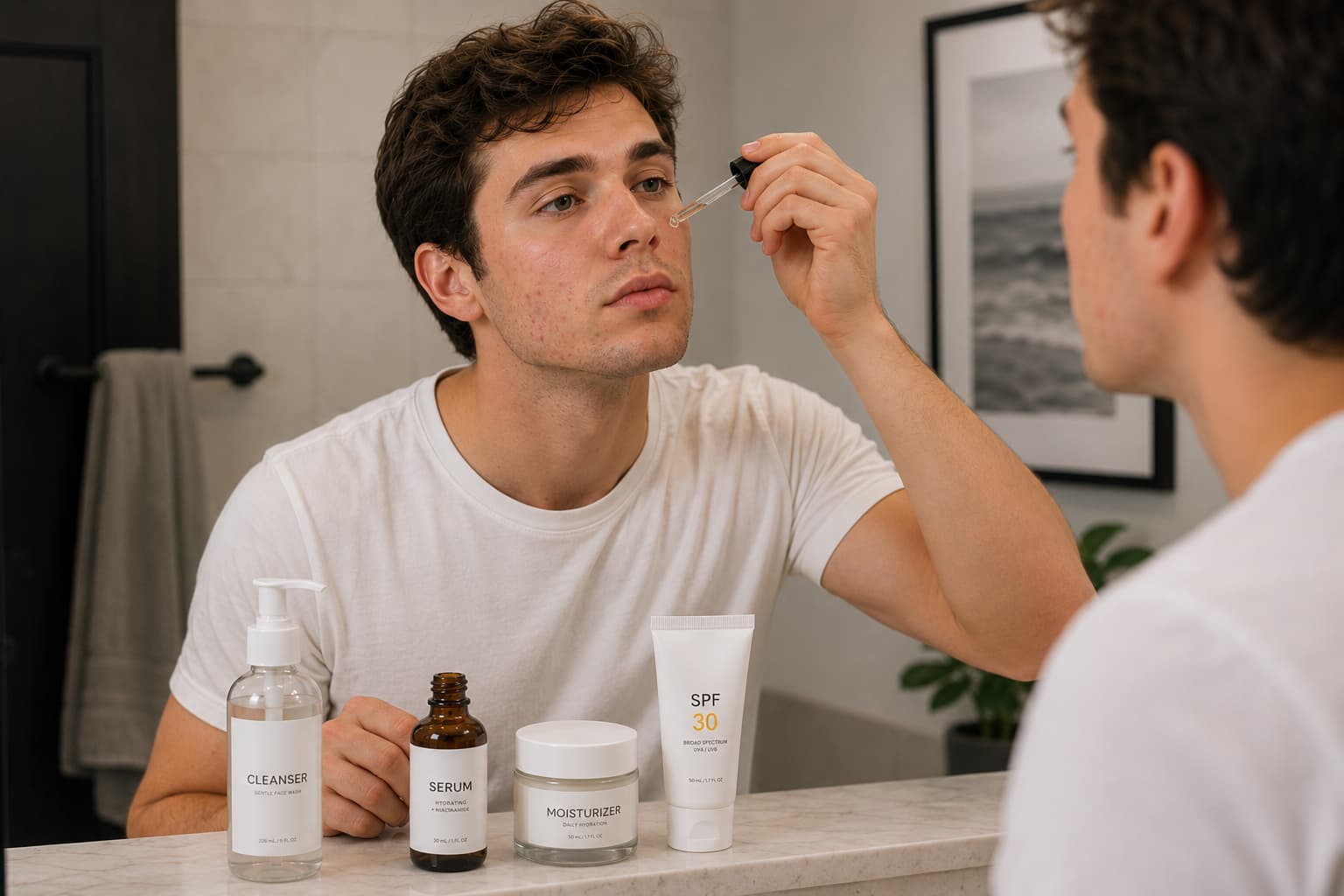 A young man with mild acne stands in front of a bathroom mirror applying serum to his cheek using an eyedropper. He wears a plain white T-shirt and looks focused on his skincare routine. On the counter in front of him are four simple skincare products: a cleanser, serum bottle with the dropper removed, moisturizer, and SPF. The bathroom features soft lighting, neutral decor, a framed wall print, and a small plant, creating a calm and minimalist atmosphere.