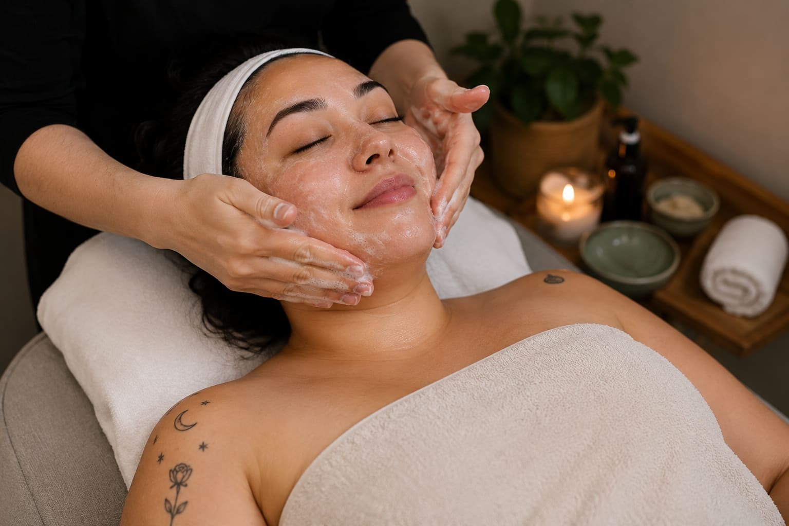 A relaxing spa scene shows a woman lying comfortably on a treatment bed during a facial cleansing treatment. Her eyes are closed while an esthetician’s hands gently massage cleanser onto her face. Three small tattoos are visible on her shoulders and upper chest, including delicate floral and celestial designs. She is wrapped in a soft cream-coloured towel, and the warmly lit treatment room features candles, rolled towels, bowls, and greenery that create a calm, luxurious atmosphere.