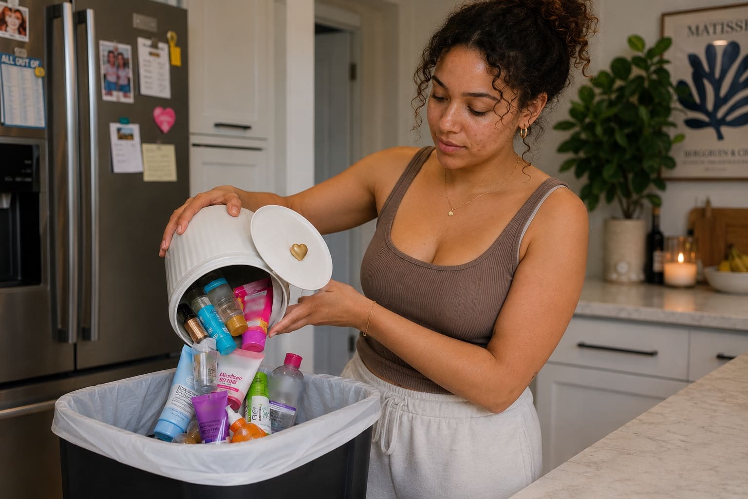 A woman with curly hair stands in a modern kitchen emptying a small white tabletop trash can full of brightly coloured skincare products into a larger kitchen garbage bin. The discarded products have bold supermarket-style packaging in pink, blue, green, and orange tones. Her skin has slight natural texture and minor blemishes, giving the image a realistic appearance. The warmly lit kitchen features neutral cabinetry, a stainless steel refrigerator, plants, candles, and marble countertops, creating a cozy lifestyle atmosphere.