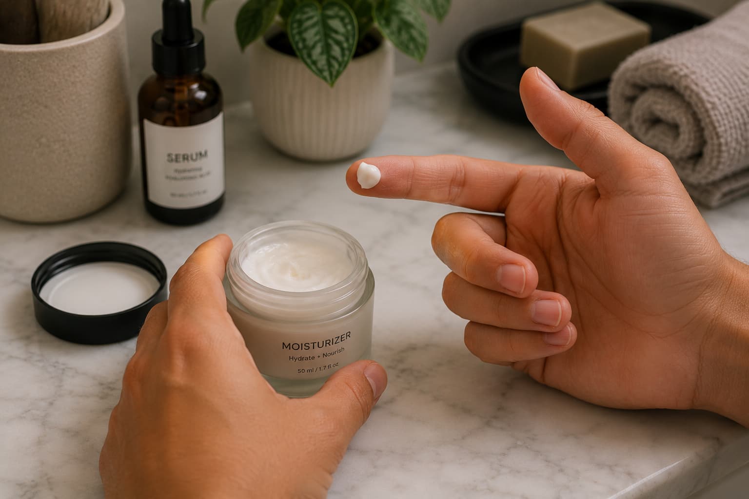 A close-up skin care scene shows a pair of hands over a marble bathroom counter holding a jar of moisturizer while a pea-sized amount of cream sits on the tip of an index finger. Nearby are neatly arranged skin care items including a serum bottle, rolled towel, plant, and soap dish, creating a clean and calming bathroom atmosphere with warm natural lighting.