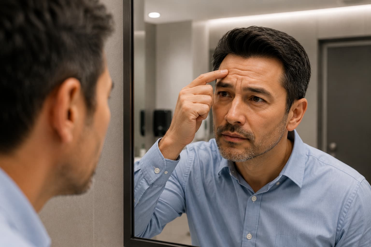 A middle-aged man stands in a modern work bathroom looking closely at his reflection in the mirror while touching the wrinkles on his forehead with one finger. He wears a light blue button-up shirt and has a thoughtful, slightly concerned expression. The bathroom features soft overhead lighting, neutral tones, and a clean, professional atmosphere.