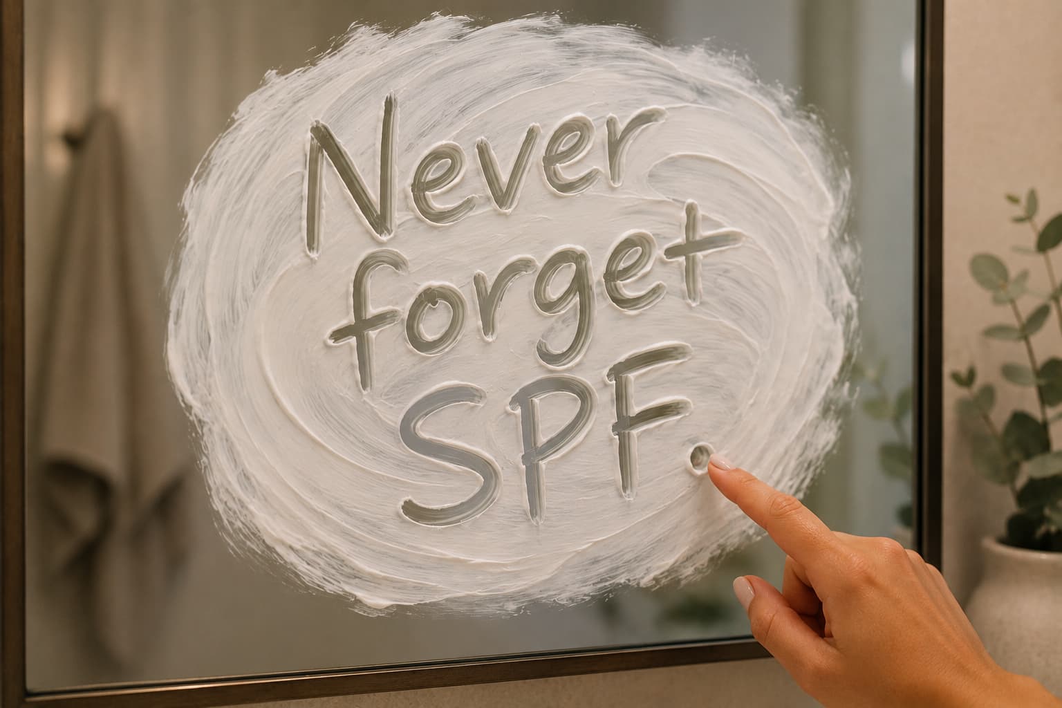 A close-up bathroom mirror is covered in a large circular patch of white cream with the words “Never forget SPF” written into it by hand. Only a person’s hand and index finger are visible as they finish writing on the mirror. The softly lit bathroom background is blurred and includes neutral decor and a small plant, creating a clean and modern skin care aesthetic.