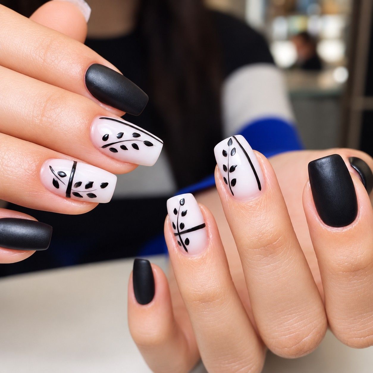 Black and blush botanical nail art at Total Wrapture Medi Spa