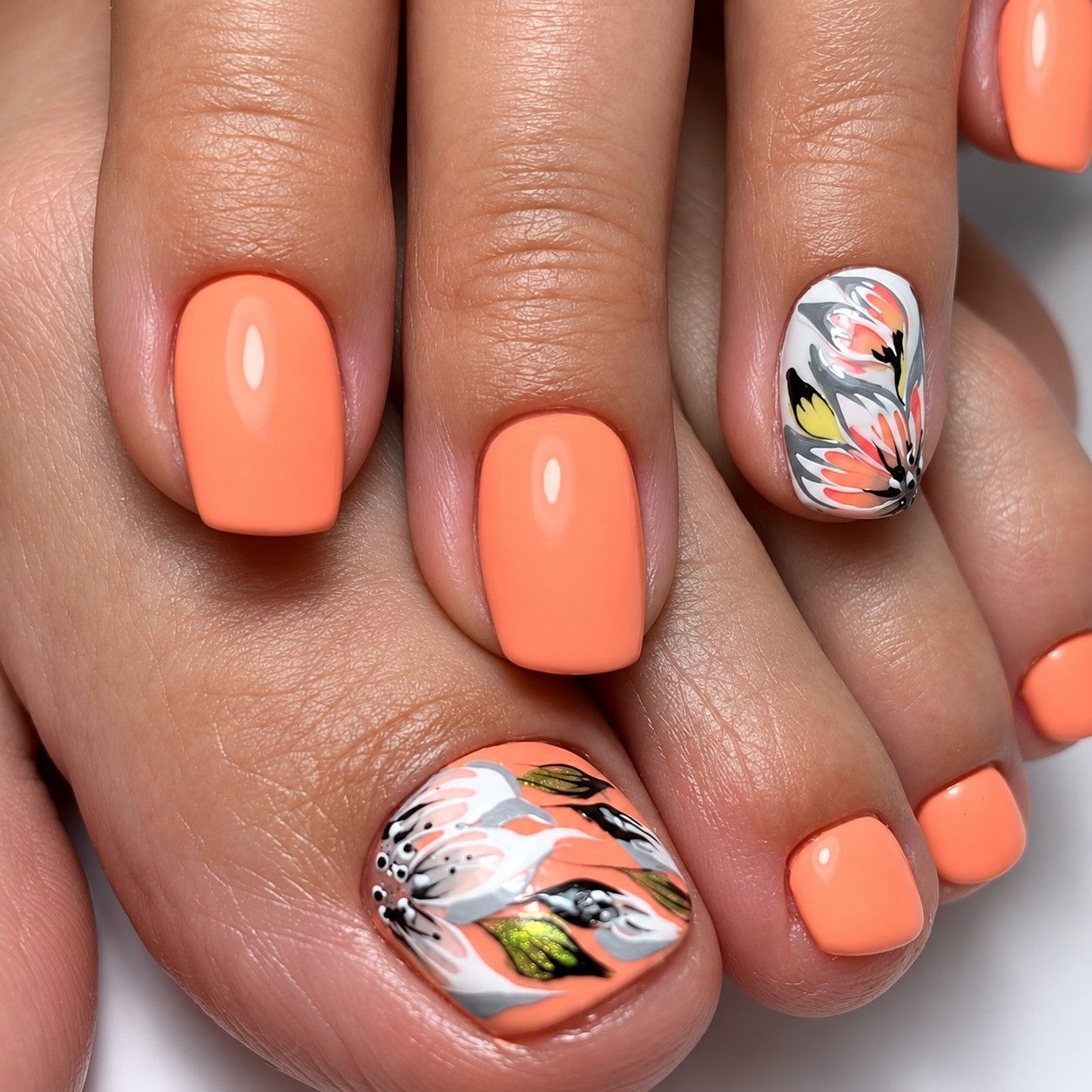 Matching coral manicure and pedicure with floral nail art at Total Wrapture Medi Spa