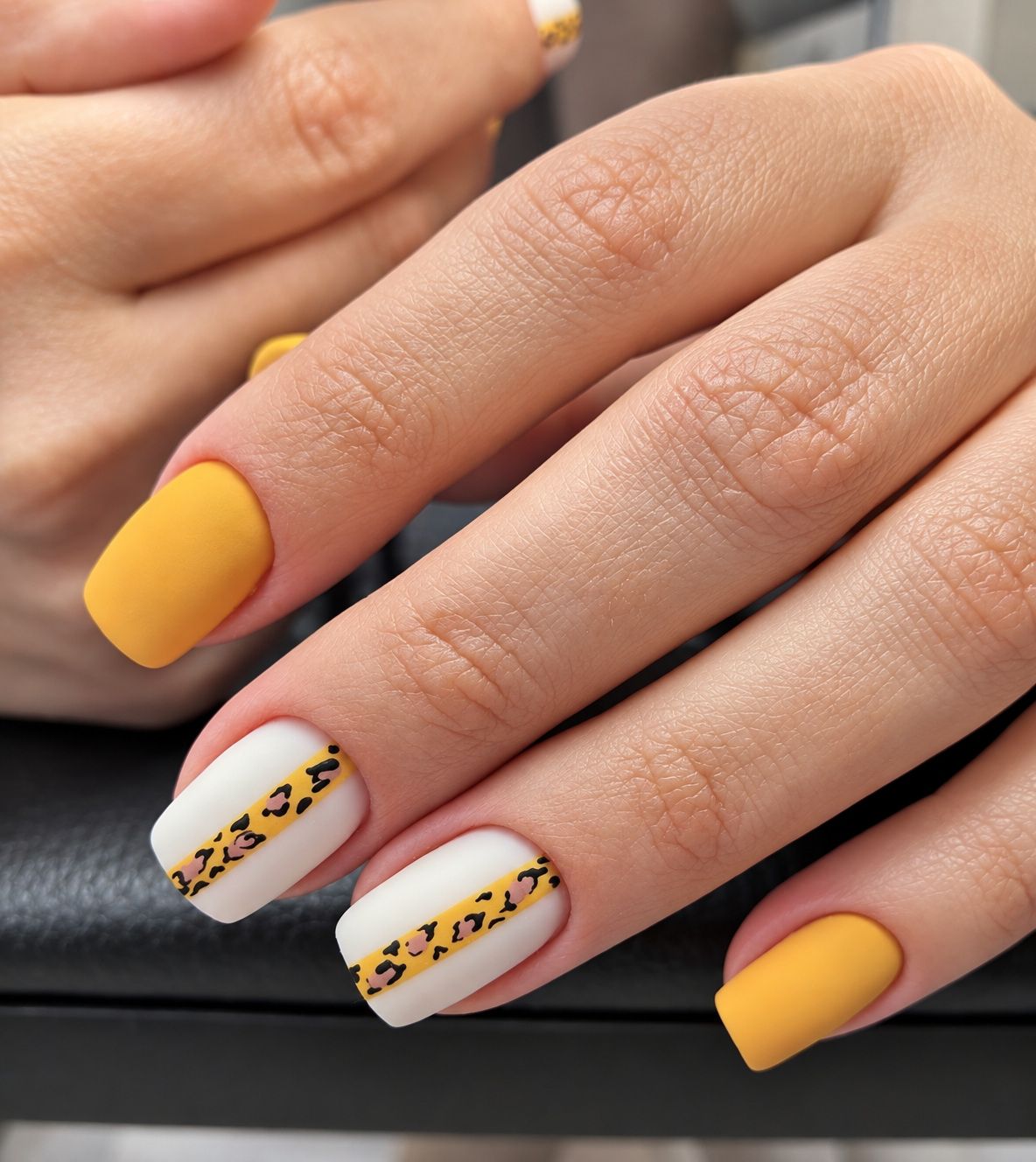 Mustard yellow nails with white animal-print accent stripes at Total Wrapture Medi Spa